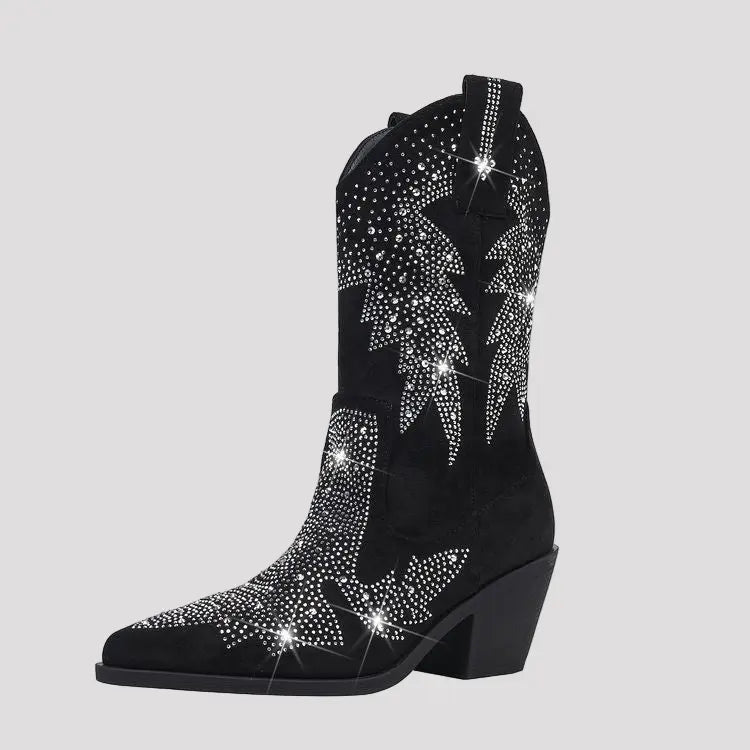 Bottes santiags pour femme, noires avec strass argentés, vue de profil nette et détaillée.
