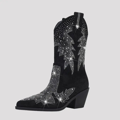 Bottes santiags pour femme, noires avec strass argentés, vue de profil nette et détaillée.