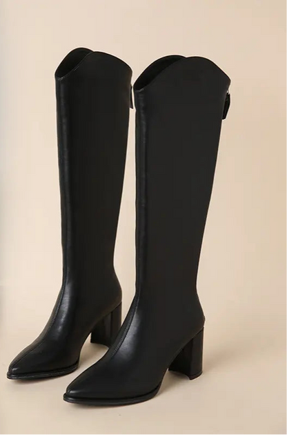 Bottes hautes femme en cuir végan beige, élégantes et confortables avec talon carré
