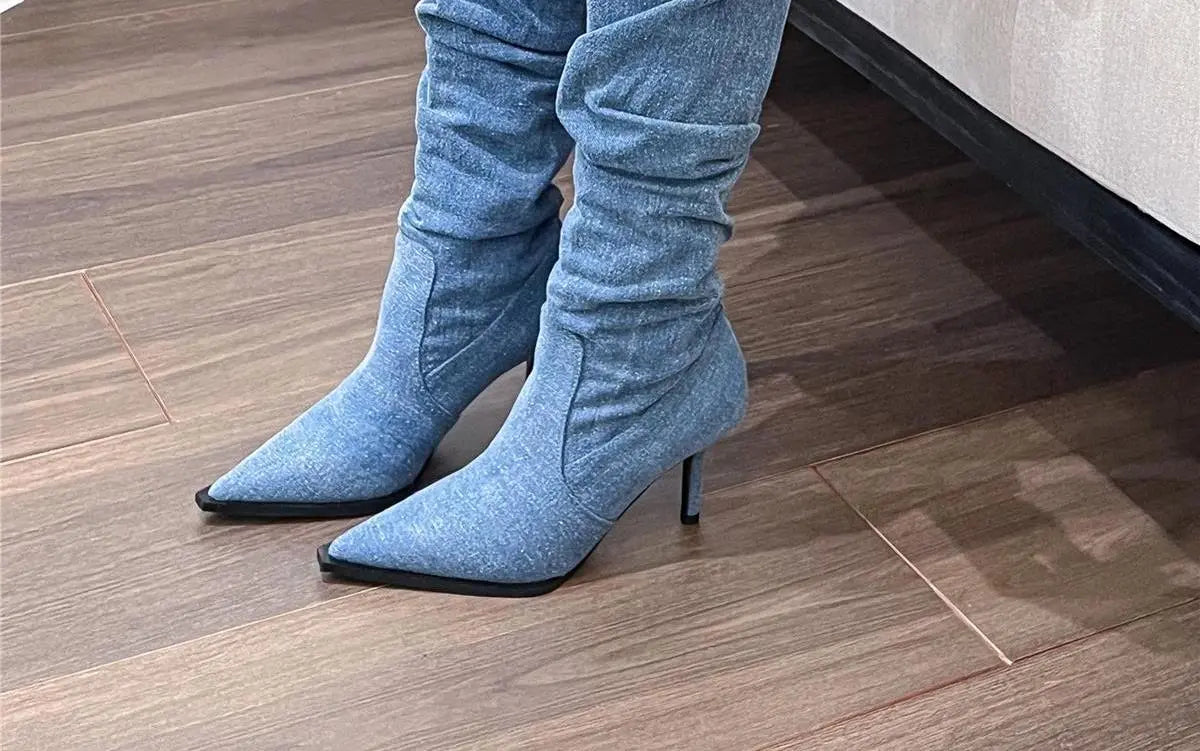 Bottes rétro en denim bleu style urbain décontracté