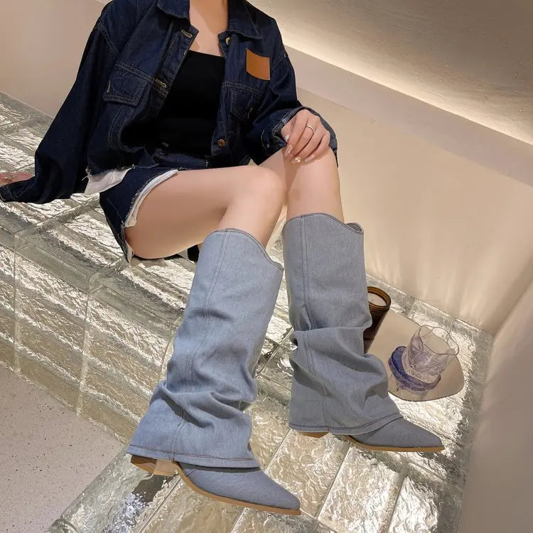 Bottes rétro en denim bleu vue de dos