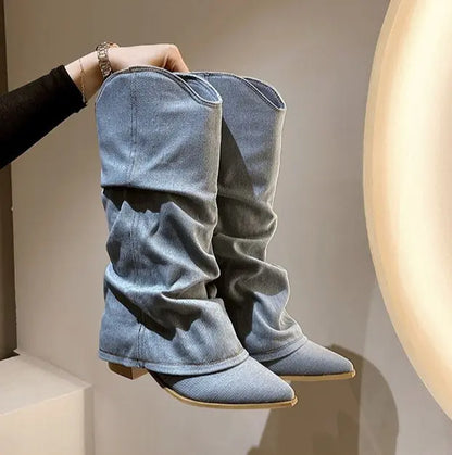 Tige haute des bottes rétro en denim bleu