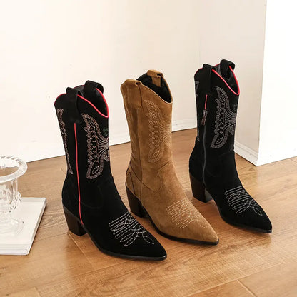 Santiags femme noir et marron, vue de profil, talon 7 cm, cuir de vache véritable.