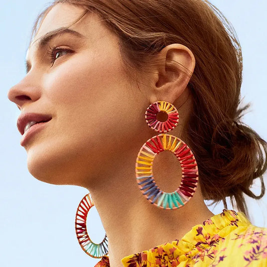 Boucles d’oreilles colorées en alliage plaqué avec pierres semi-précieuses, design géométrique moderne