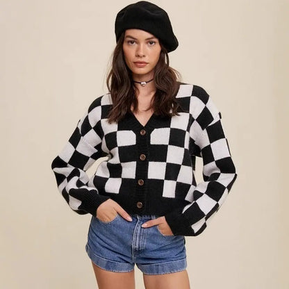 Cardigan femme à carreaux noir et blanc style chic tendance – secretbombe