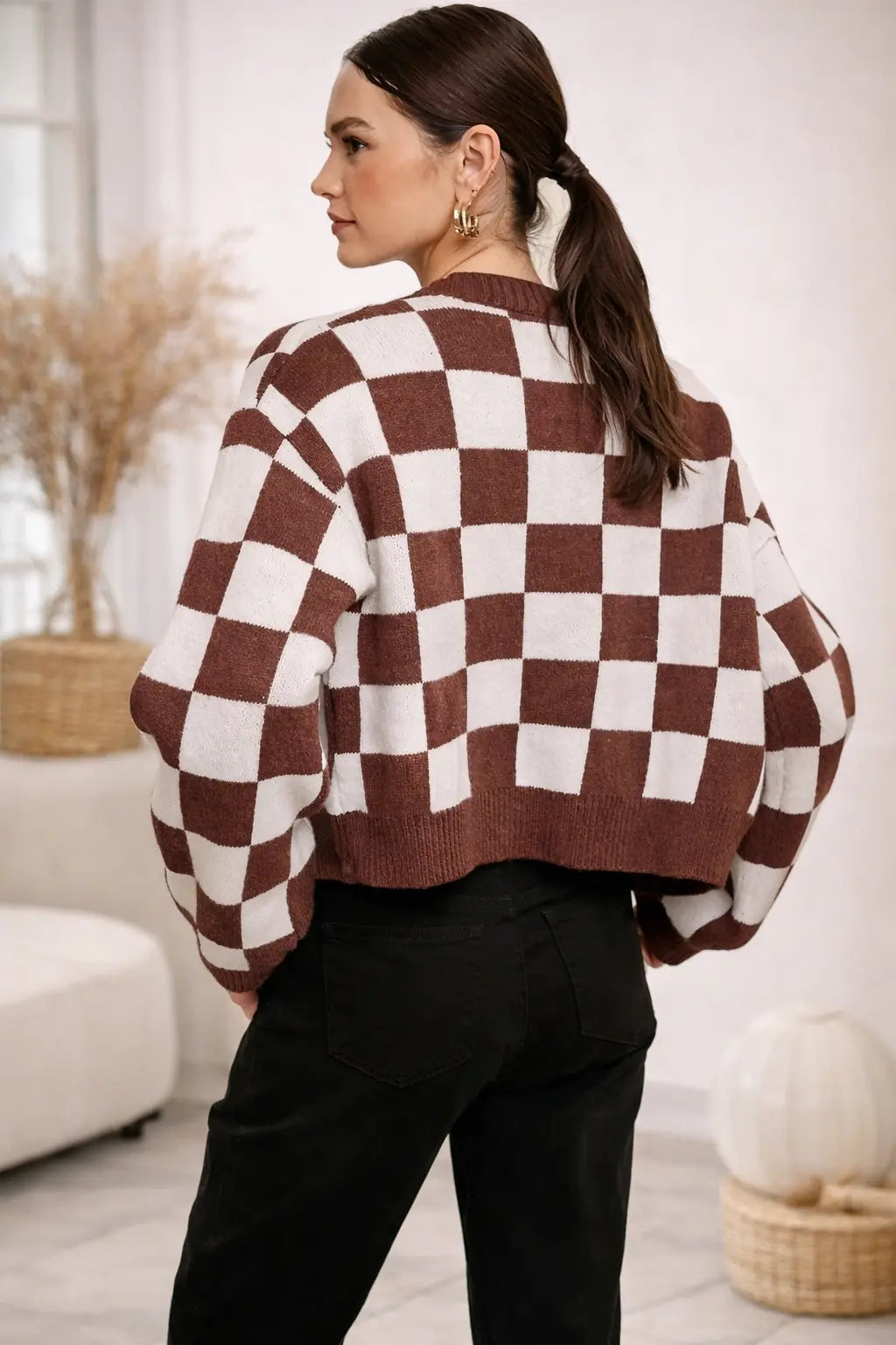 Cardigan femme à carreaux marron et blanc maille tendance – secretbombe