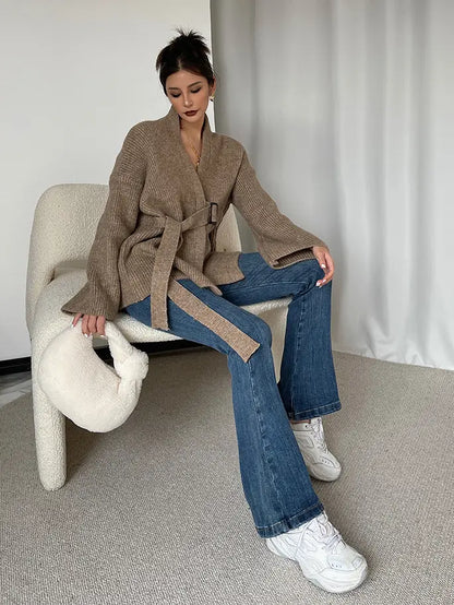 Cardigan femme khaki ceinturé tendance pour look urbain – secretbombe