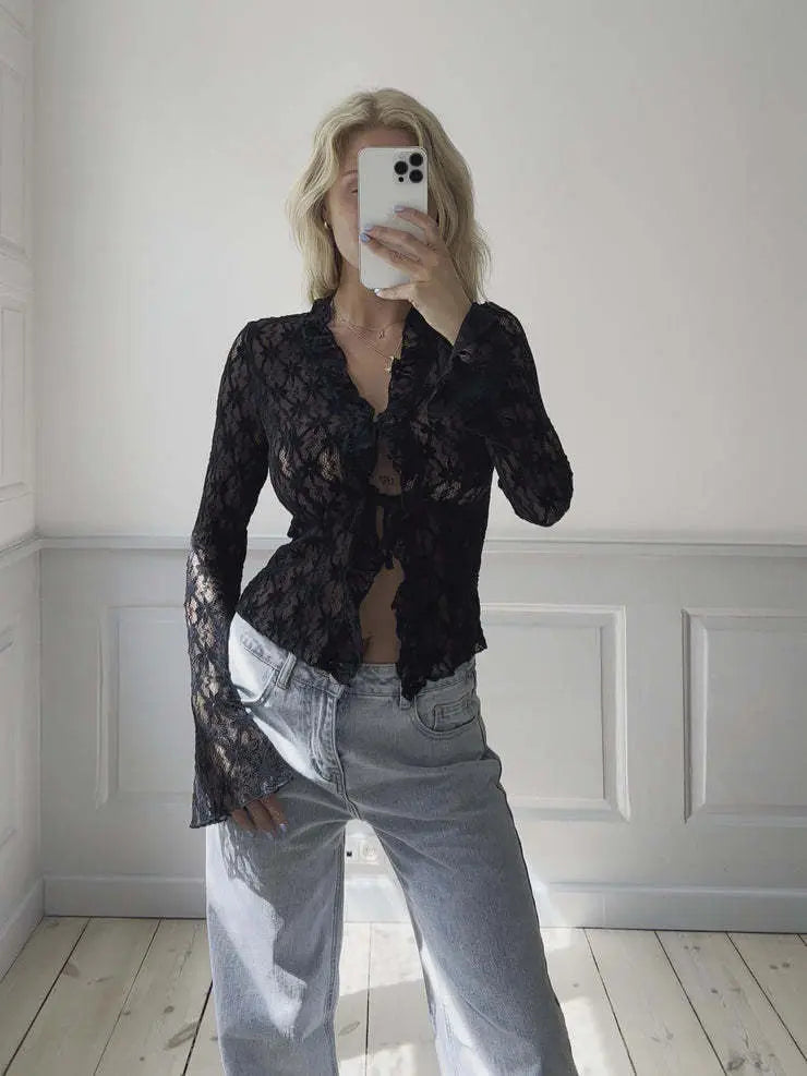 : Gilet femme dentelle à nouer manches longues – secretbombe