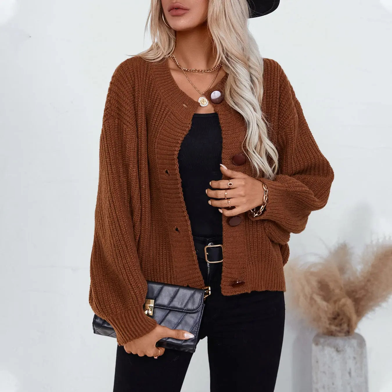  Cardigan épais couleur caramel, chaud pour l’hiver