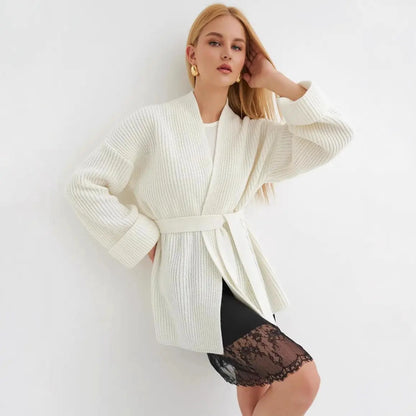 Cardigan femme ceinturé blanc élégant mi-saison – SecretBombe