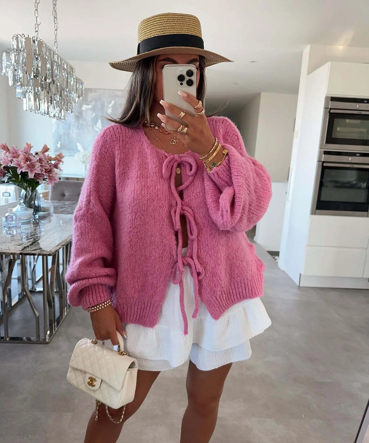 Gilet femme en maille rose à nouer coupe slim tendance – secretbombe