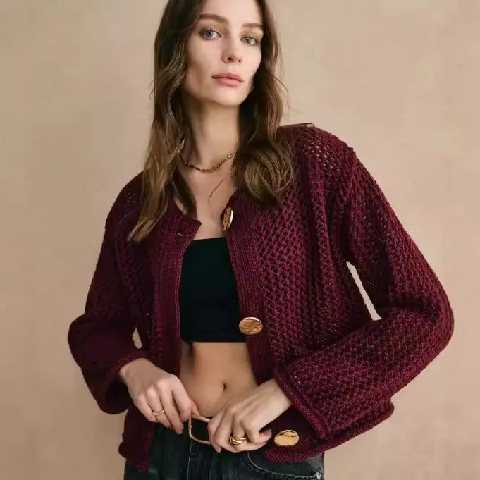 Cardigan femme maille texturée détails crochetés – SecretBombe