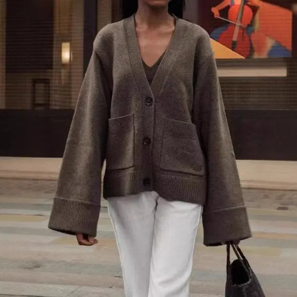 Cardigan pour femme à manches longues, couleur taupe et blanc, motif uni, 