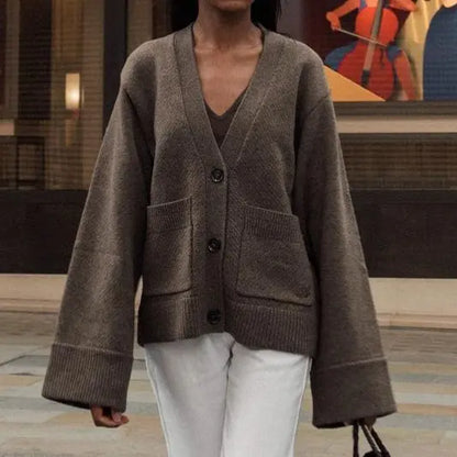 Cardigan pour femme à manches longues, couleur taupe et blanc, motif uni, 
