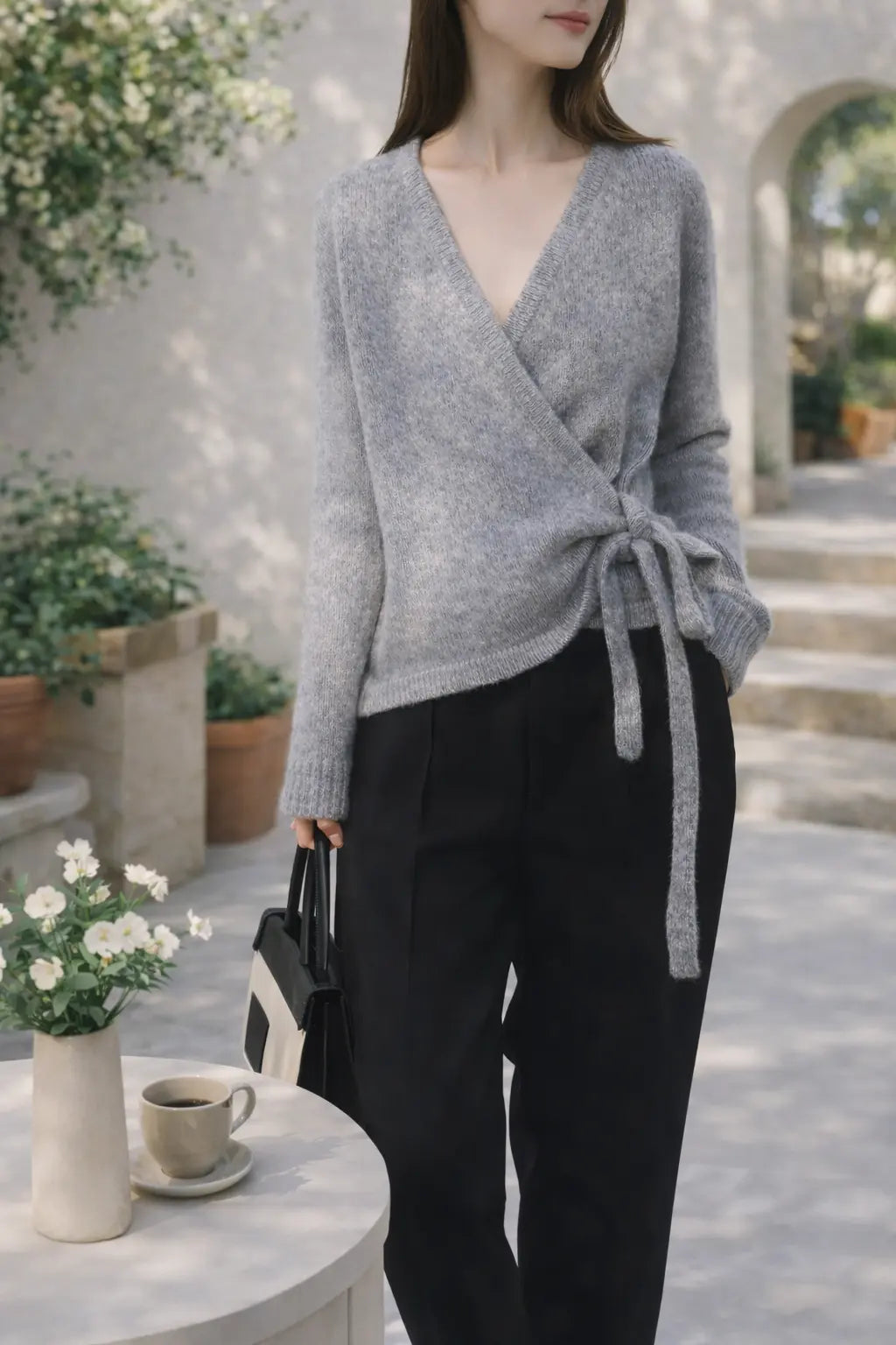 Cardigan gris en laine avec lien à nouer coupe regular – secretbombe