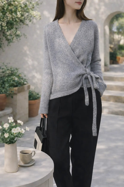 Cardigan gris en laine avec lien à nouer coupe regular – secretbombe