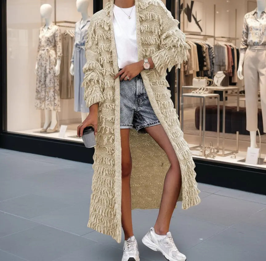 Cardigan abricot femme, gilet long à franges, style doux et élégant