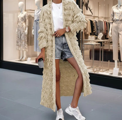 Cardigan abricot femme, gilet long à franges, style doux et élégant