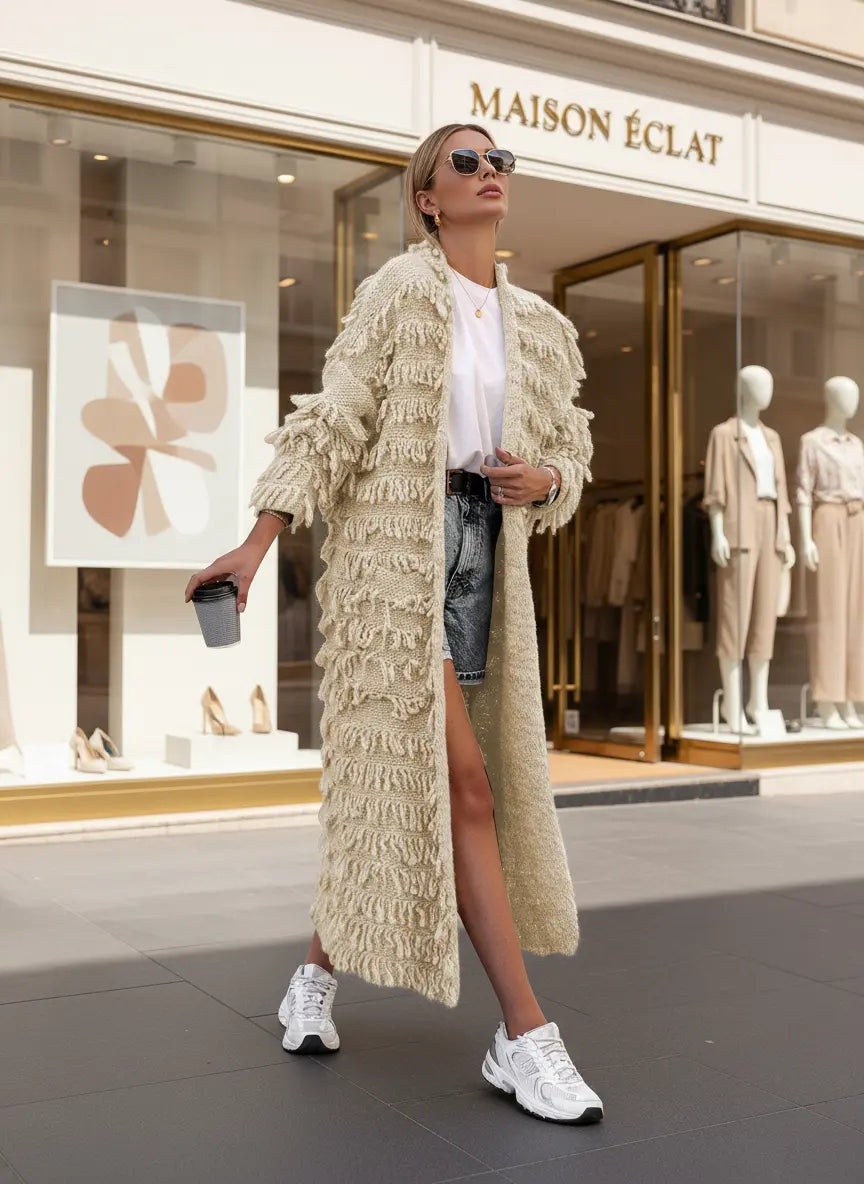 Cardigan abricot femme, gilet long à franges, style doux et élégant