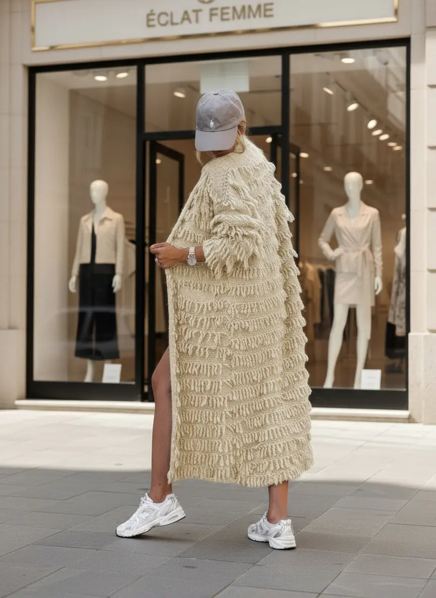 Cardigan abricot femme, gilet long à franges, style doux et élégant