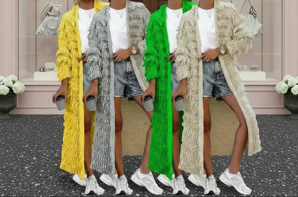 Collection de cardigans longs à franges pour femme en plusieurs couleurs tendance