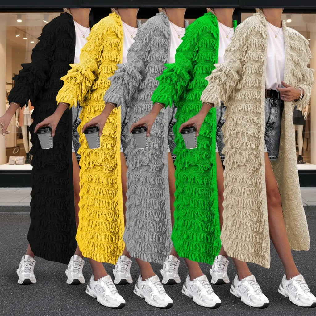 Collection de cardigans longs à franges pour femme en plusieurs couleurs tendance