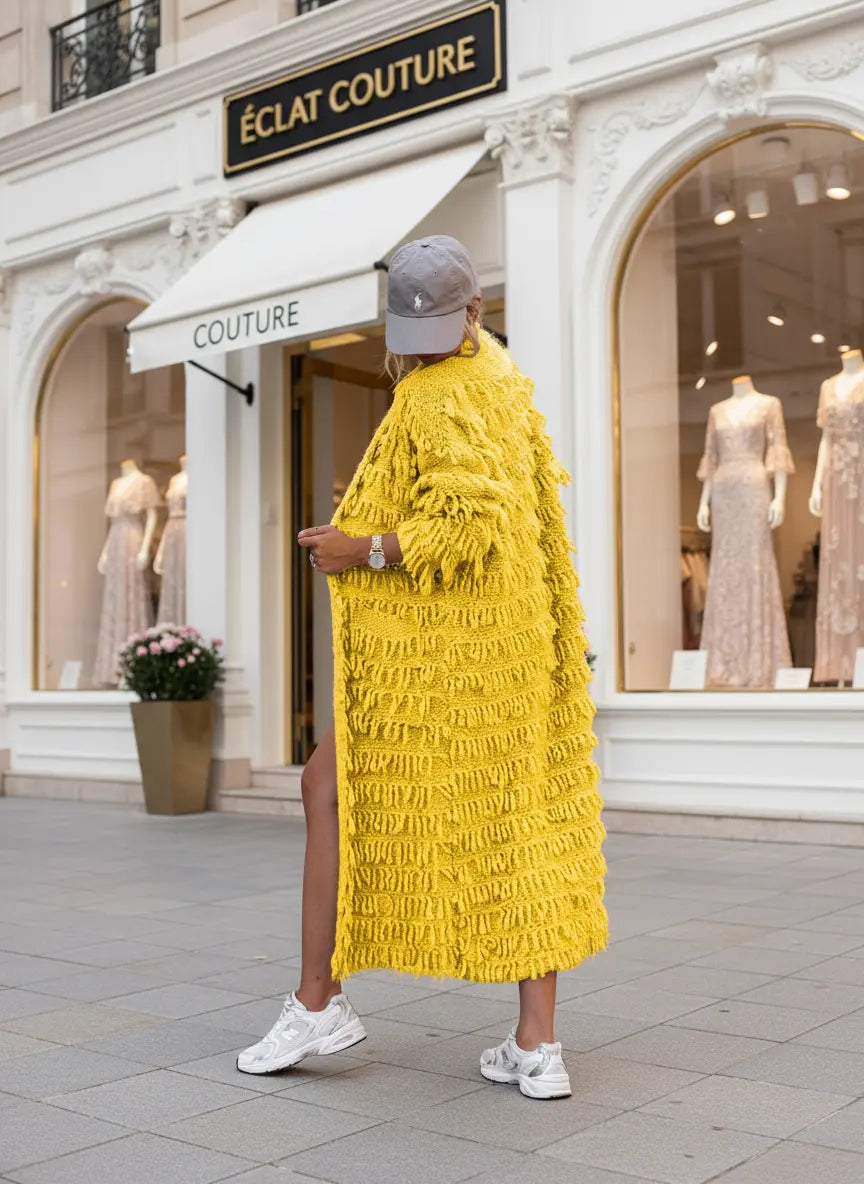 Gilet long jaune à franges pour femme, cardigan doux en tricot polyester