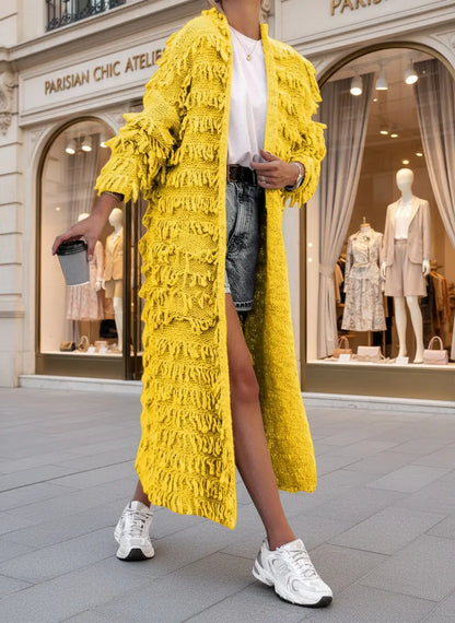 Gilet long jaune à franges pour femme, cardigan doux en tricot polyester
