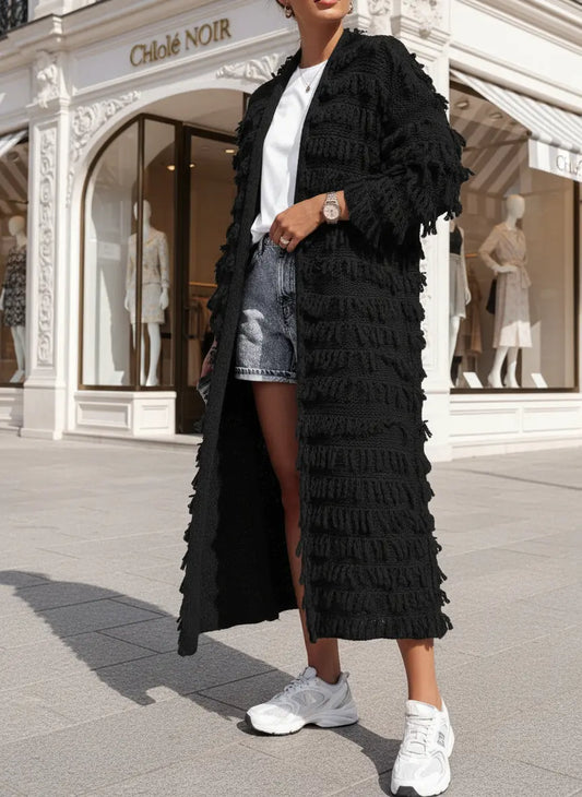 Cardigan long noir à franges pour femme, style girly et décontracté chic