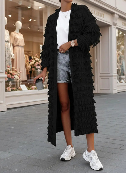 Cardigan long noir à franges pour femme, style girly et décontracté chic