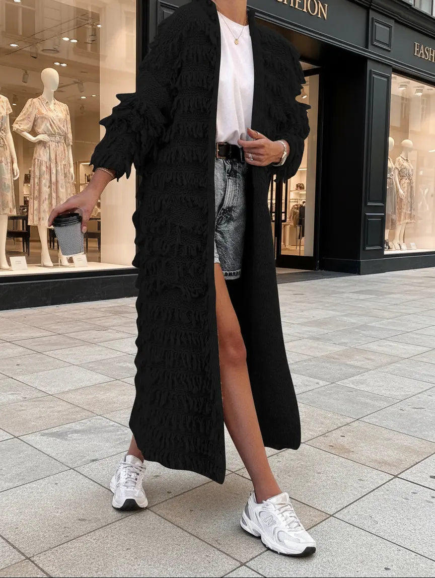 Cardigan long noir à franges pour femme, style girly et décontracté chic