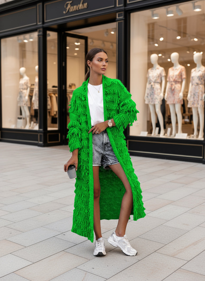 Cardigan long vert vif à franges pour femme, look tendance et frais