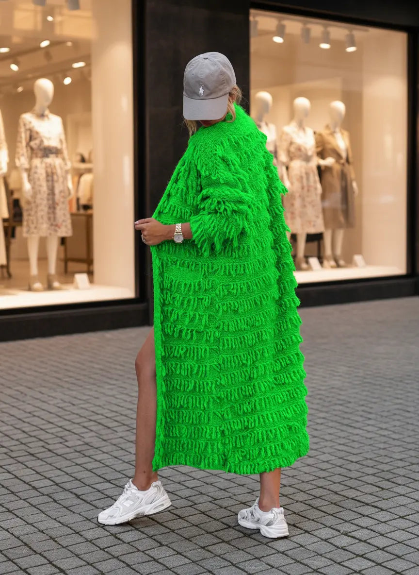 Cardigan long vert vif à franges pour femme, look tendance et frais