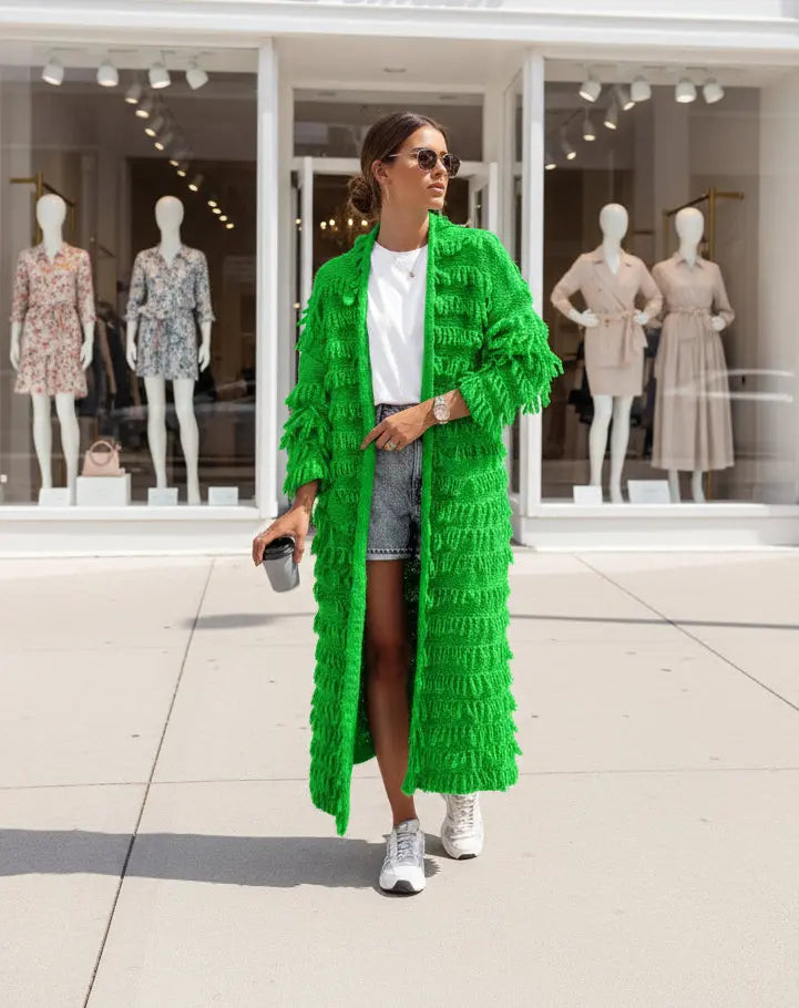 Cardigan long vert vif à franges pour femme, look tendance et frais