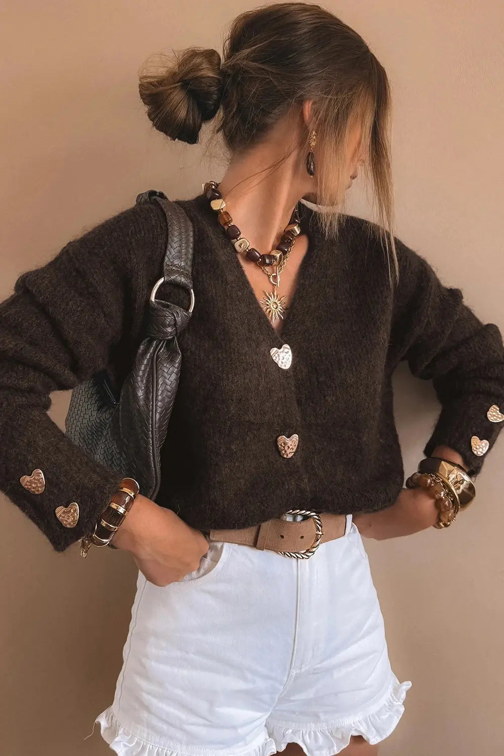 Cardigan loose chocolat manches longues style européen – secretbombe