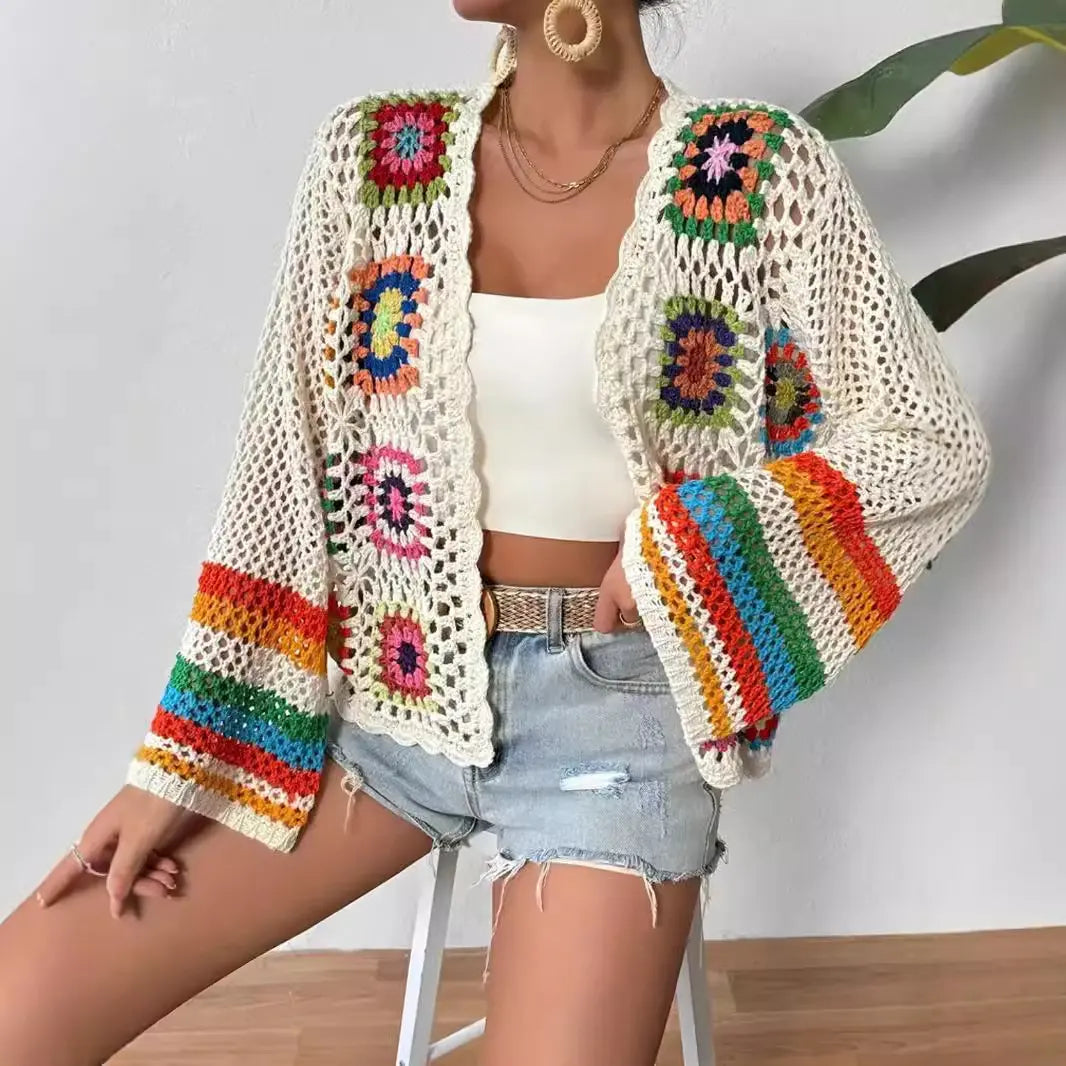 cardigan tricoté à la main couleur écru, style artisanal