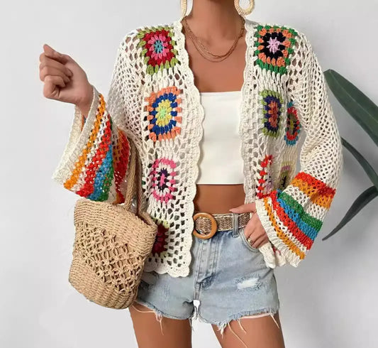 Cardigan crochet femme bohème écru tricoté main style artisanal - SecretBombe