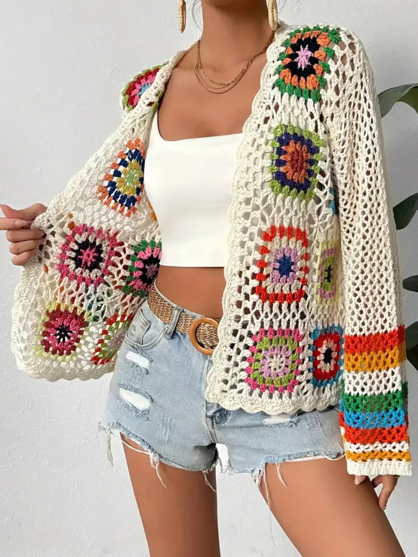 Cardigan crochet femme bohème écru tricoté style principal