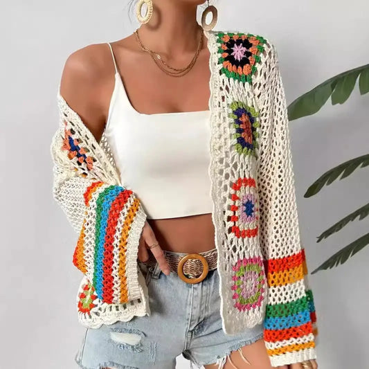 Cardigan crochet femme bohème écru tricoté style principal