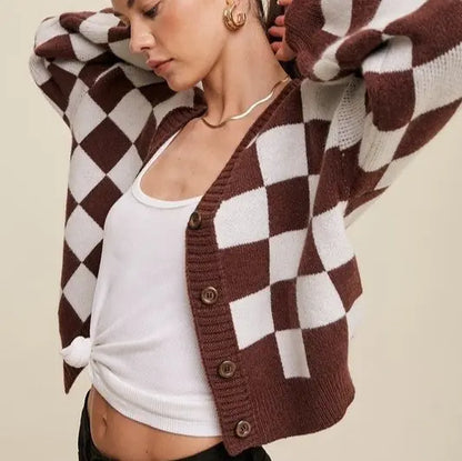 Cardigan femme à carreaux noir et blanc style chic tendance – secretbombe