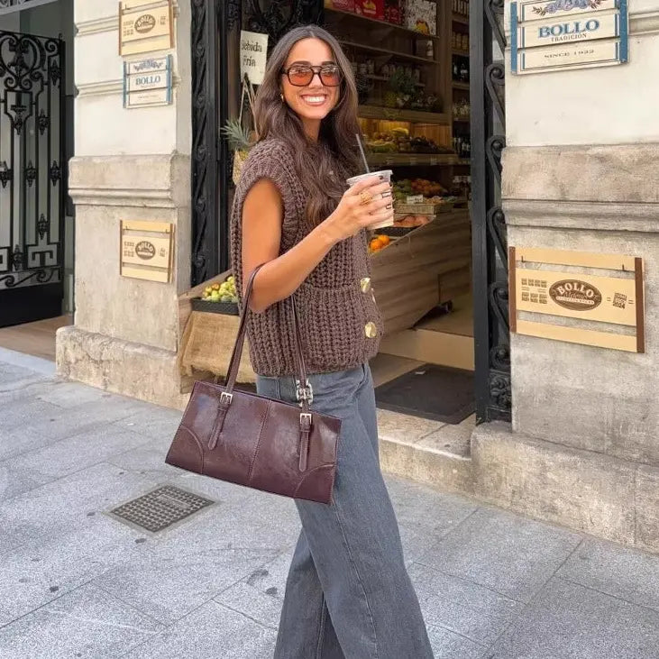 Gilet femme marron en maille style européen – secretbombe