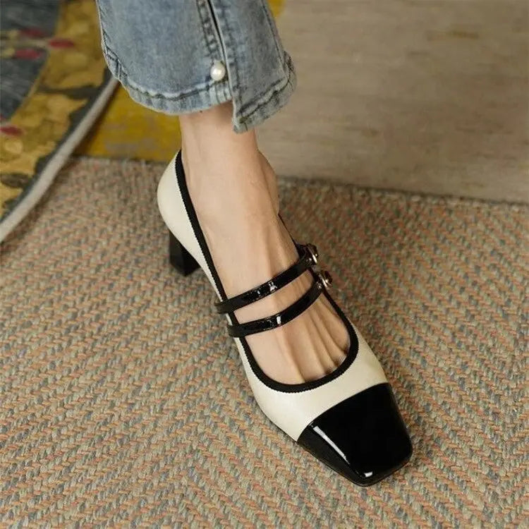 "Talons bicolores femme élégants et confortables, style chic, bout carré, semelle antidérapante, cuir végan doux, tailles 35-39"