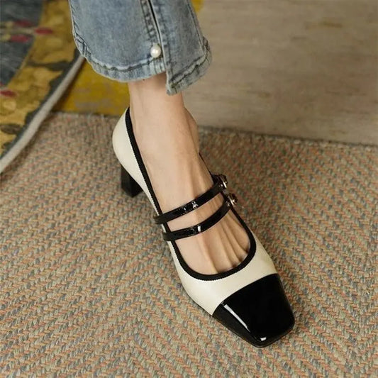"Talons bicolores femme élégants et confortables, style chic, bout carré, semelle antidérapante, cuir végan doux, tailles 35-39"