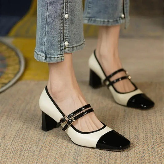"Chaussures à talons bicolores pour femme, élégantes et confortables, bout carré, semelle antidérapante, deux brides, cuir végan, tailles 35 à 39"