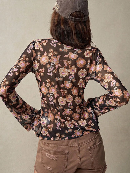 Haut femme cintré noir imprimé plantes et fleurs