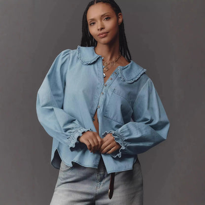 Chemise jean bleu clair femme manches longues coupe fluide 