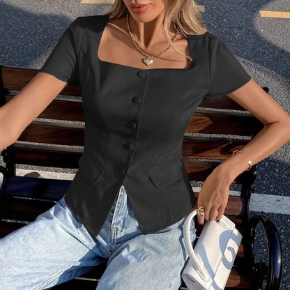 Chemise femme noire vue de dos silhouette affinée coupe slim — SecretBombe