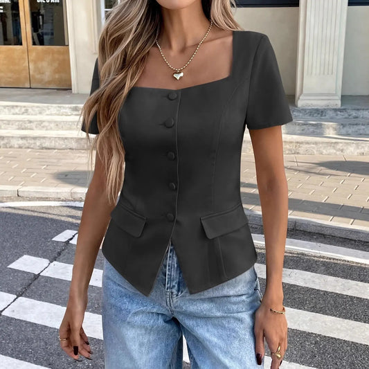 Chemise femme unie noire manches courtes coupe slim élégante — SecretBombe
