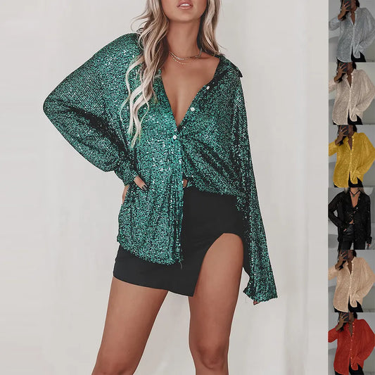 Chemise femme glamour noire avec sequins scintillants et col classique