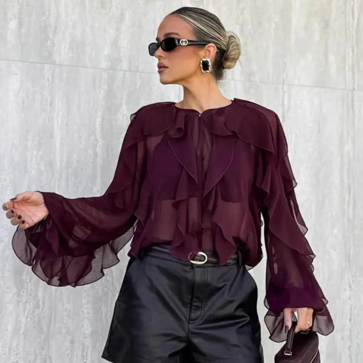 Chemise transparente à volants rouge vin SecretBombe, style commuting élégant.